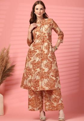 Beige Printed Cotton Kurta Sets