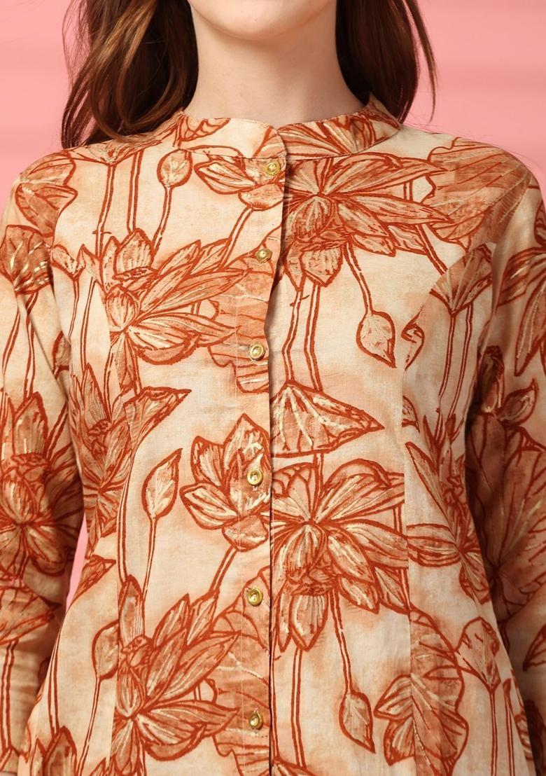 Beige Printed Cotton Kurta Sets - Indya
