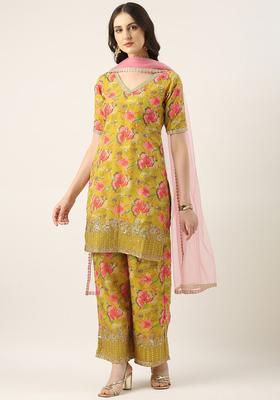 Yellow Printed Organza Kurta Sets