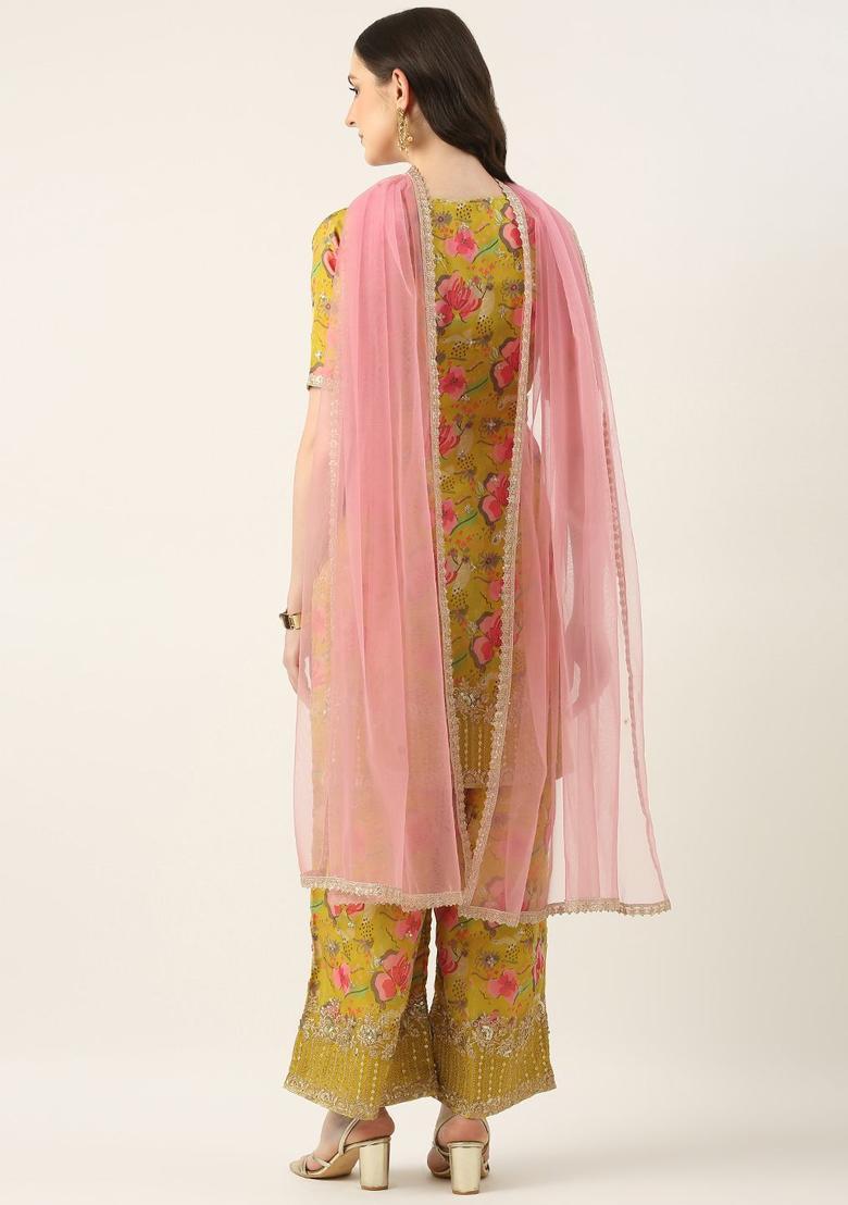 Yellow Printed Organza Kurta Sets - Indya
