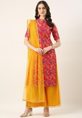 Magenta Printed Silk Blend Kurta Sets