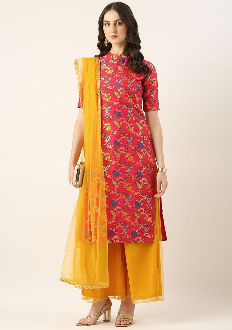 Magenta Printed Silk Blend Kurta Sets - Indya