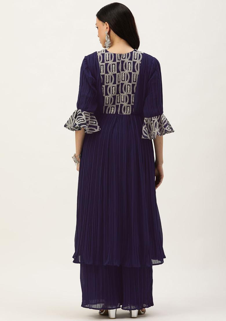 Navy Blue Embroidered Georgette Kurta Sets - Indya