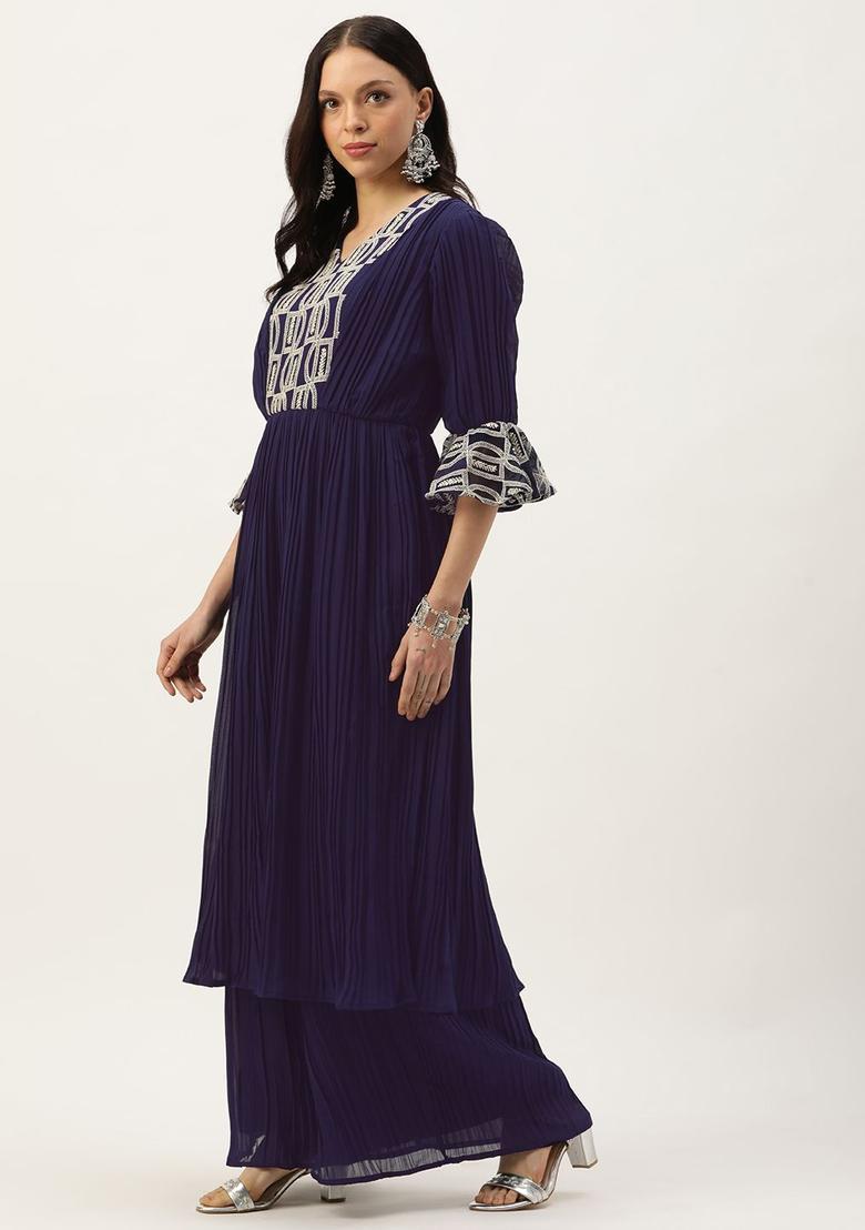 Navy Blue Embroidered Georgette Kurta Sets - Indya