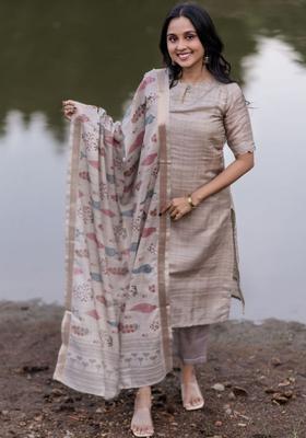 Beige Self Design Silk Blend Kurta Sets