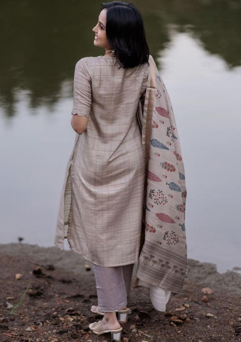 Beige Self Design Silk Blend Kurta Sets - Indya