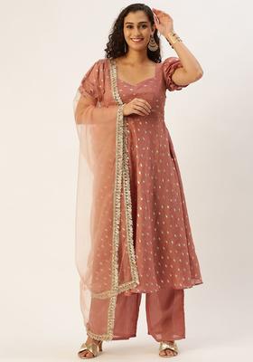 Peach Woven Design Silk Blend Anarkli Sets