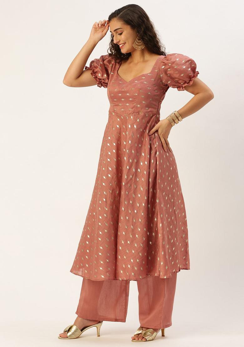 Peach Woven Design Silk Blend Anarkli Sets - Indya