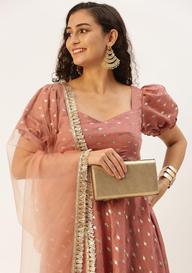 Peach Woven Design Silk Blend Anarkli Sets - Indya