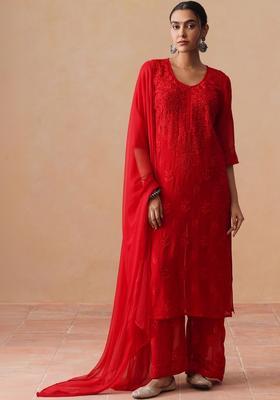 Red Woven Design Georgette Kurta Sets