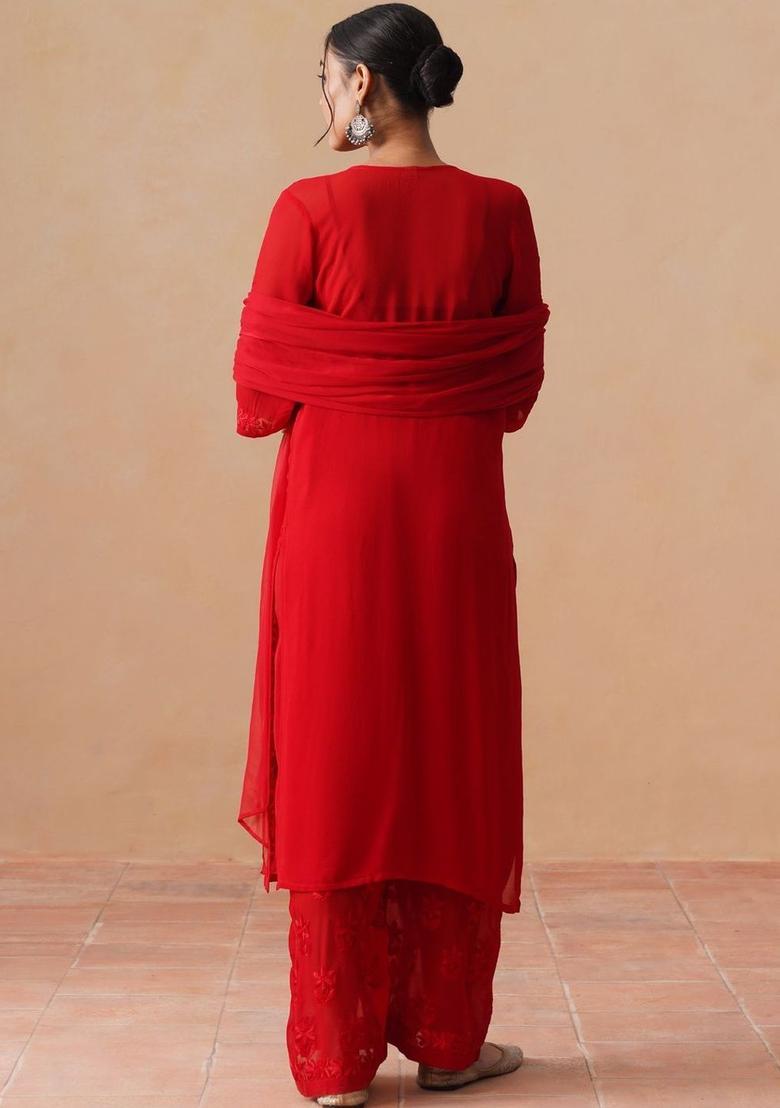 Red Woven Design Georgette Kurta Sets - Indya