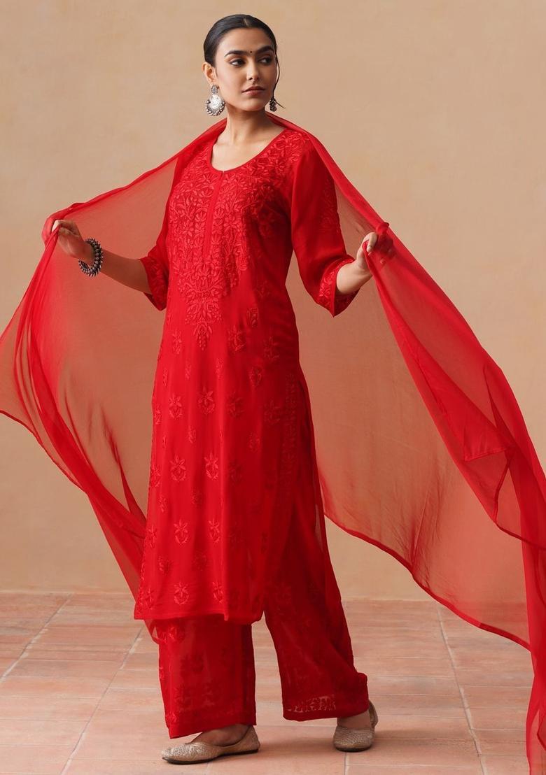 Red Woven Design Georgette Kurta Sets - Indya