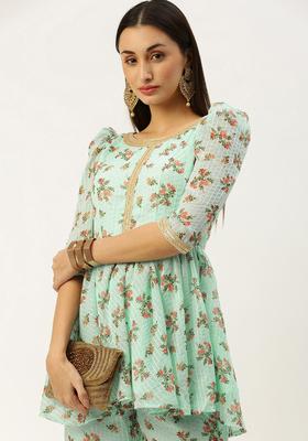 Sea Green Printed Viscose Kurta Sets