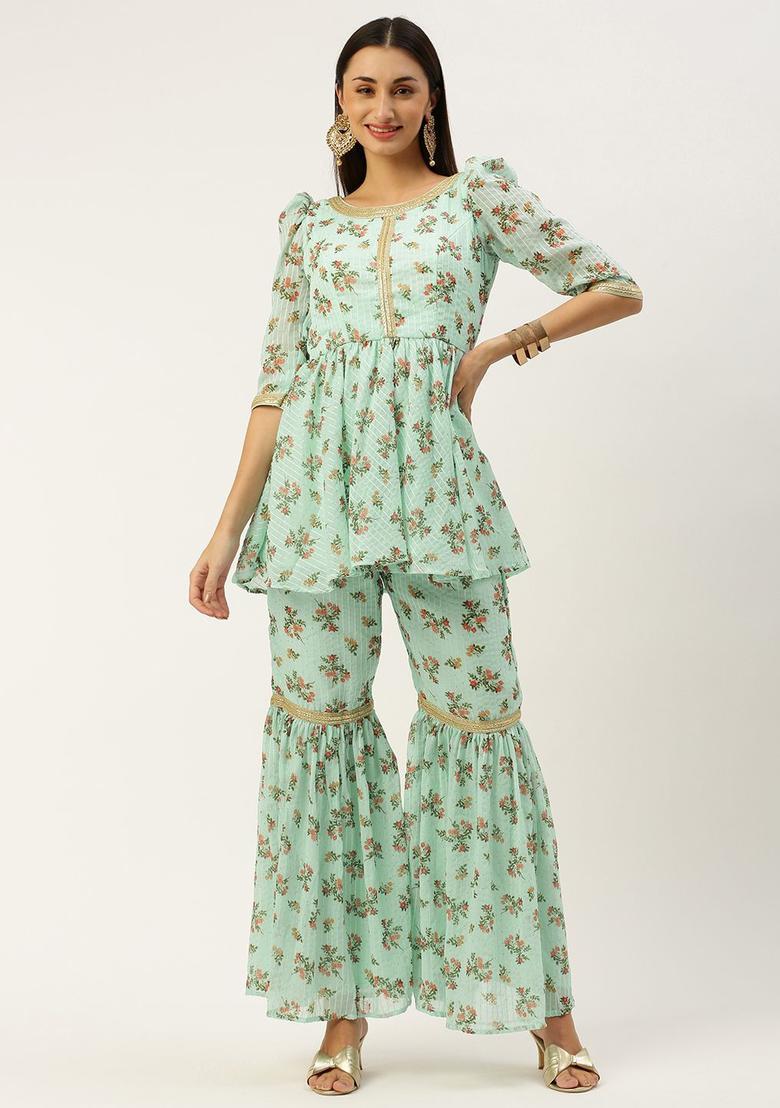 Sea Green Printed Viscose Kurta Sets - Indya