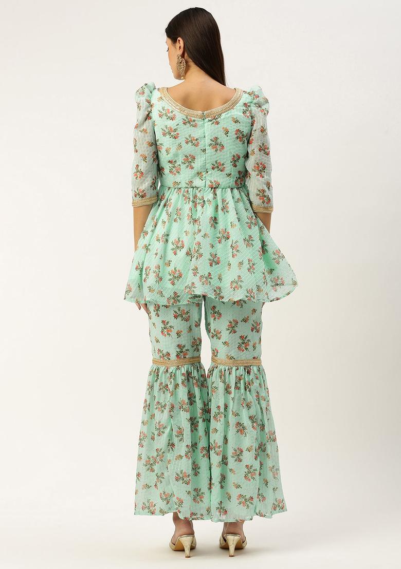 Sea Green Printed Viscose Kurta Sets - Indya