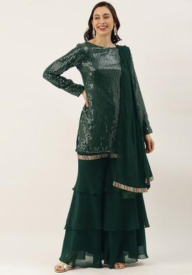 Green Self Design Georgette Kurta Sets