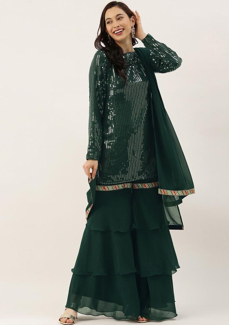 Green Self Design Georgette Kurta Sets - Indya