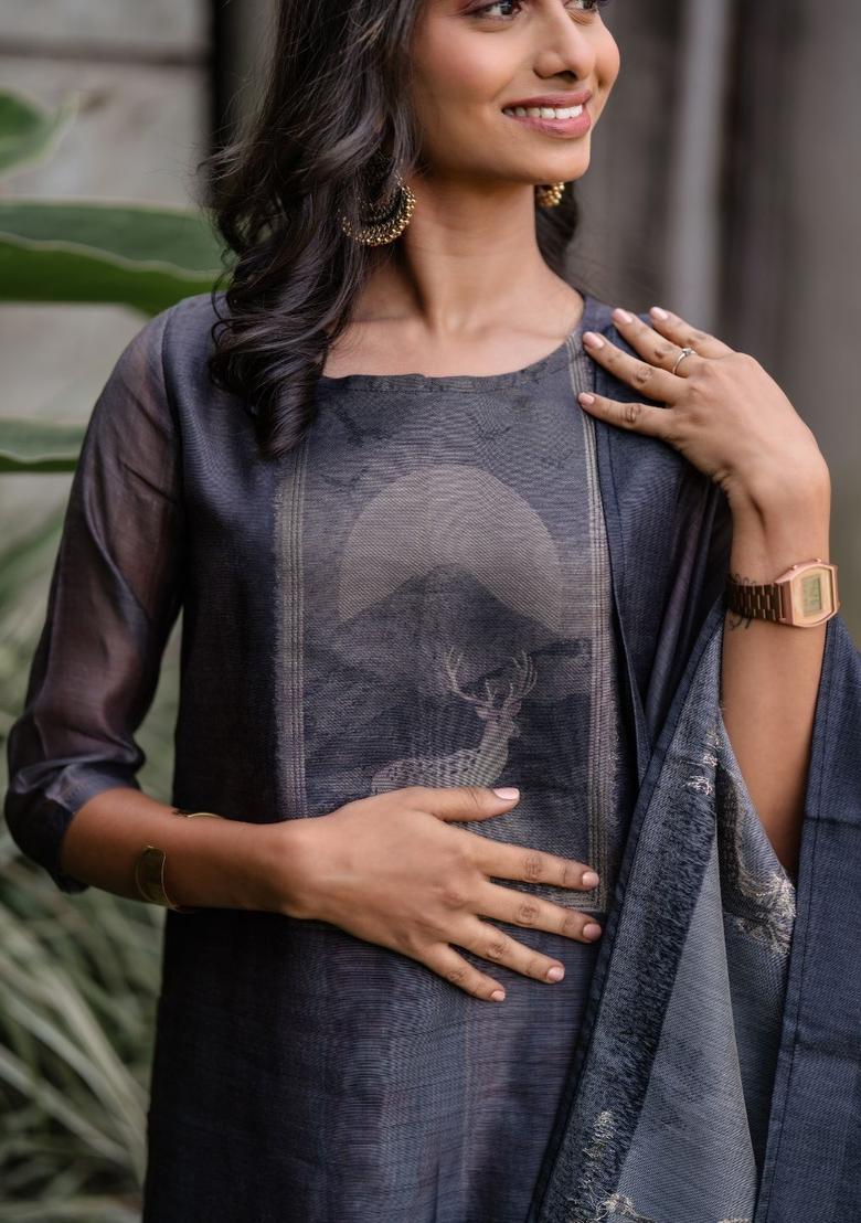 Blue Printed Silk Blend Kurta Sets - Indya