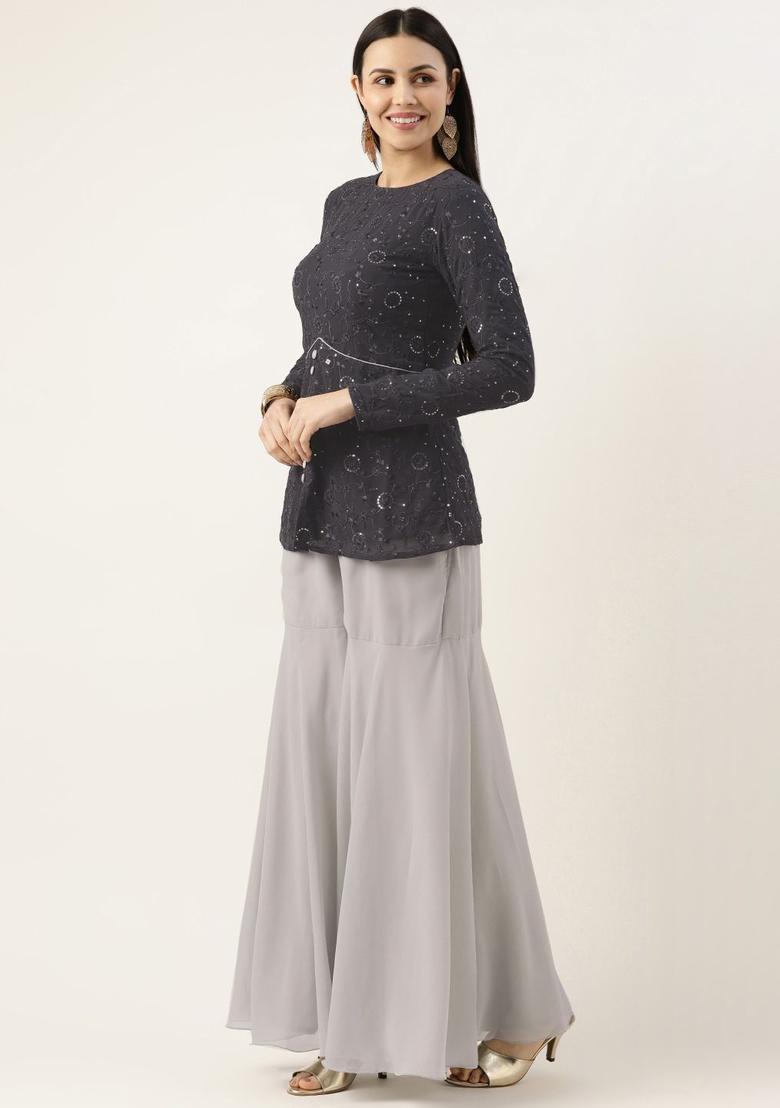 Grey Embroidered Georgette Kurta Sets - Indya