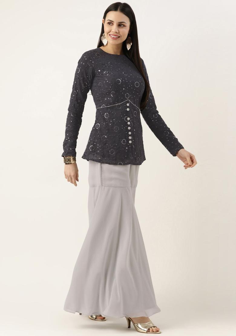 Grey Embroidered Georgette Kurta Sets - Indya