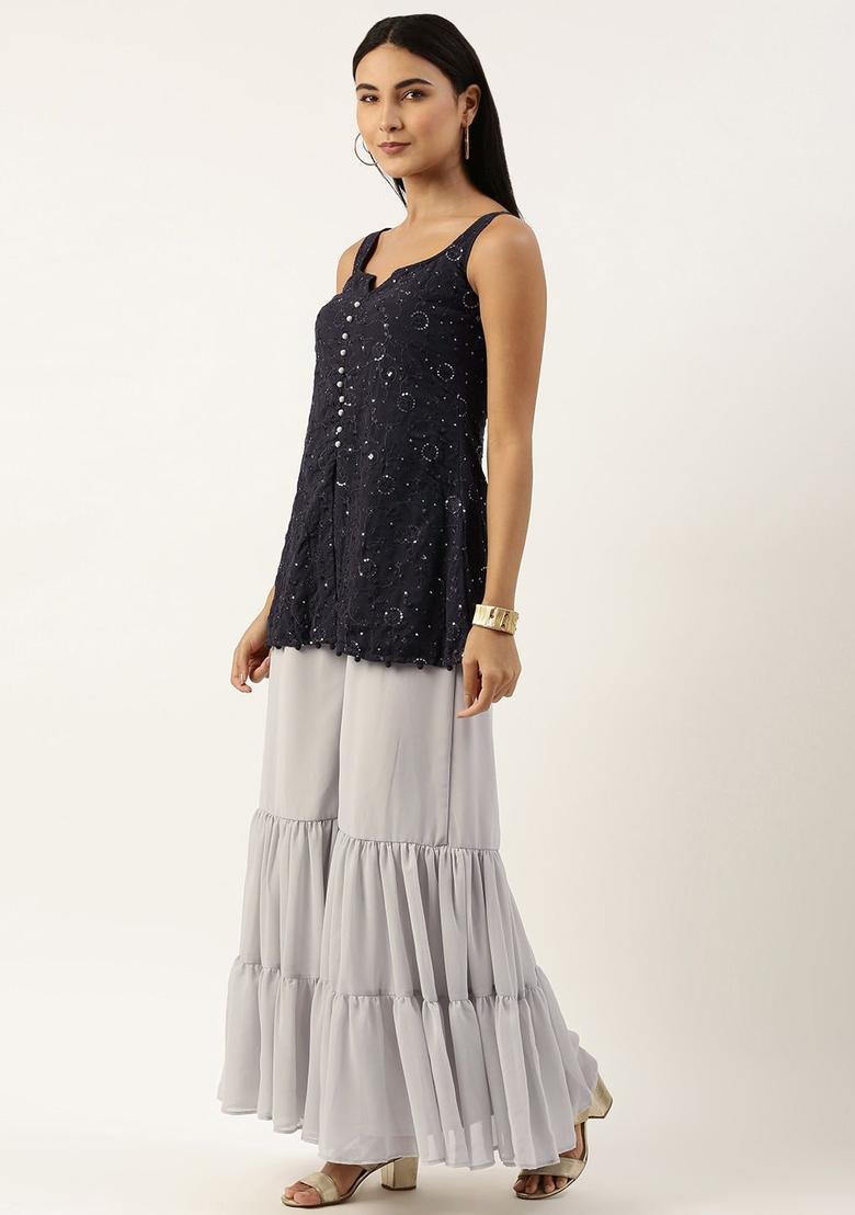 Grey Embroidered Georgette Kurta Sets - Indya