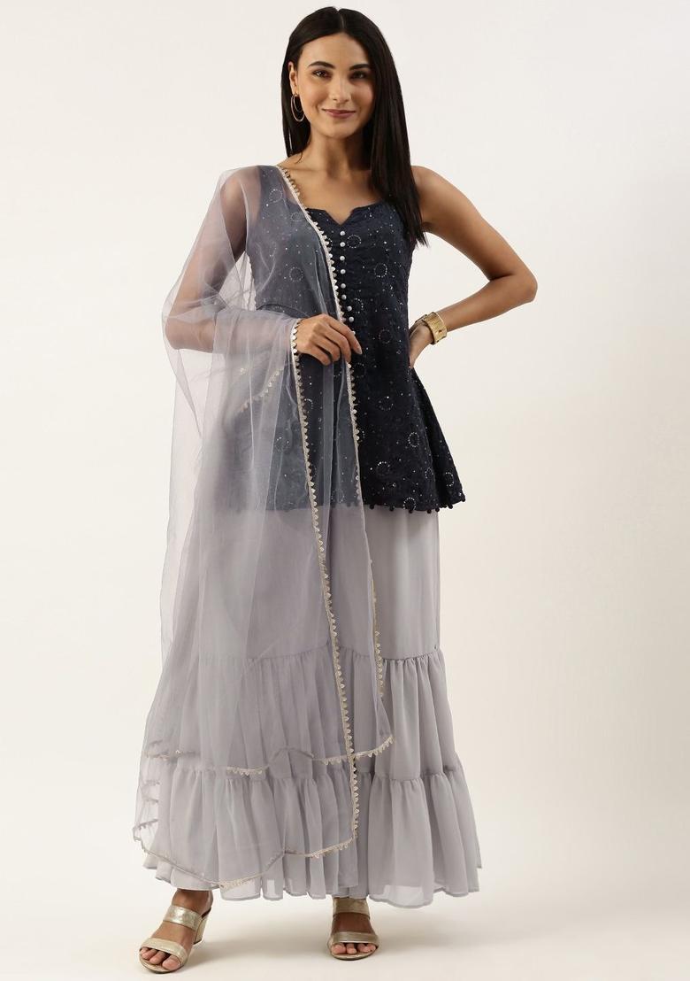 Grey Embroidered Georgette Kurta Sets - Indya