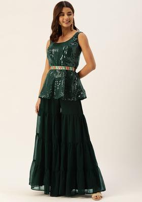Green Self Design Georgette Kurta Sets