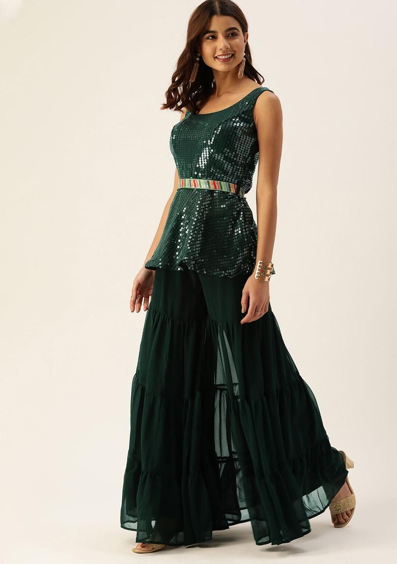 Green Self Design Georgette Kurta Sets - Indya