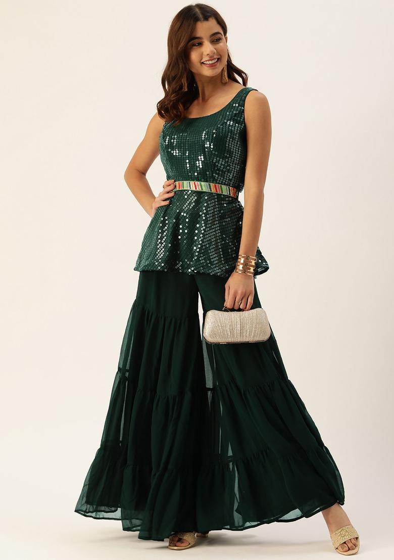 Green Self Design Georgette Kurta Sets - Indya