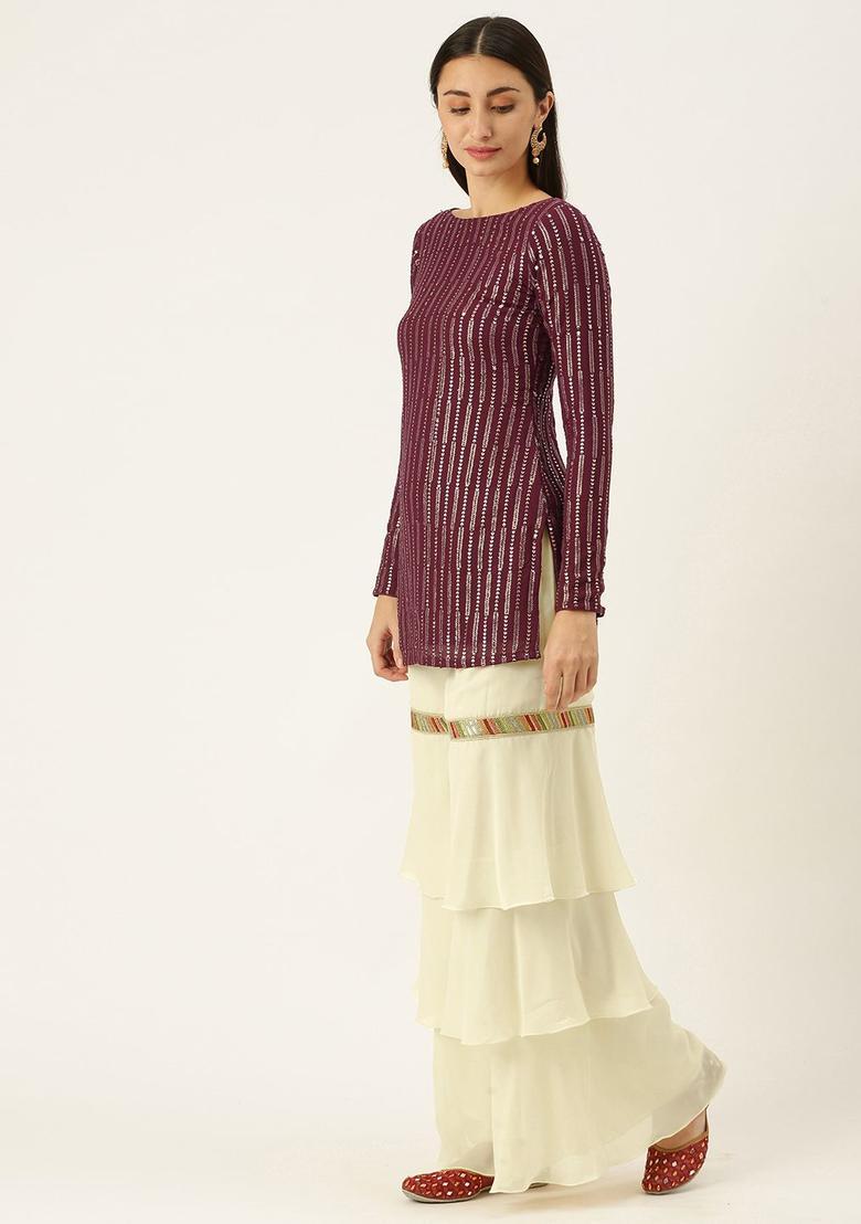 Maroon Embroidered Georgette Kurta Sets - Indya