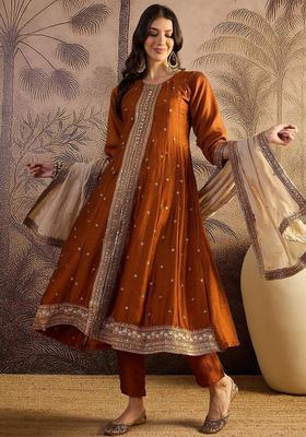 Rust Yoke Design Silk Blend Anarkli Sets