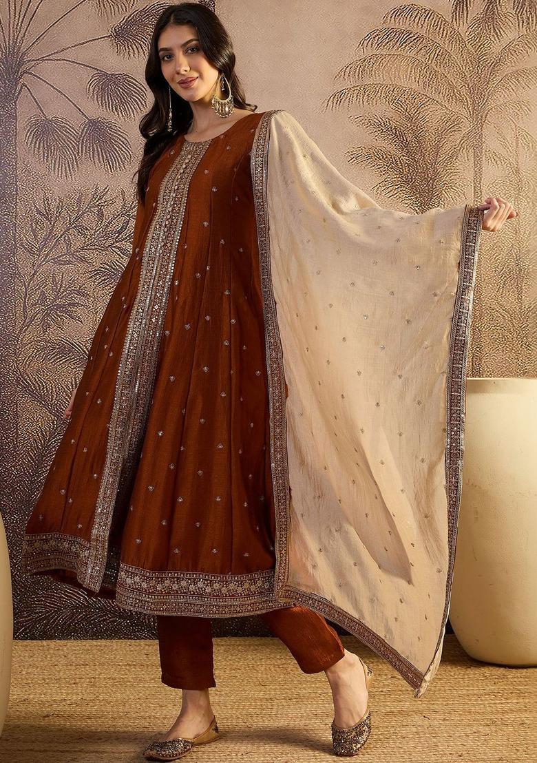Rust Yoke Design Silk Blend Anarkli Sets - Indya