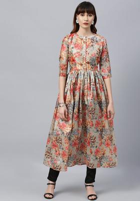 Beige Printed Cotton Kurta Sets