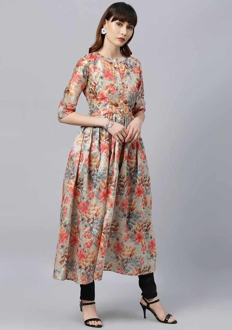 Beige Printed Cotton Kurta Sets - Indya