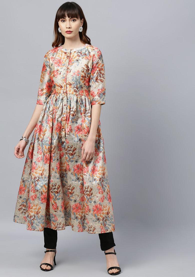 Beige Printed Cotton Kurta Sets - Indya
