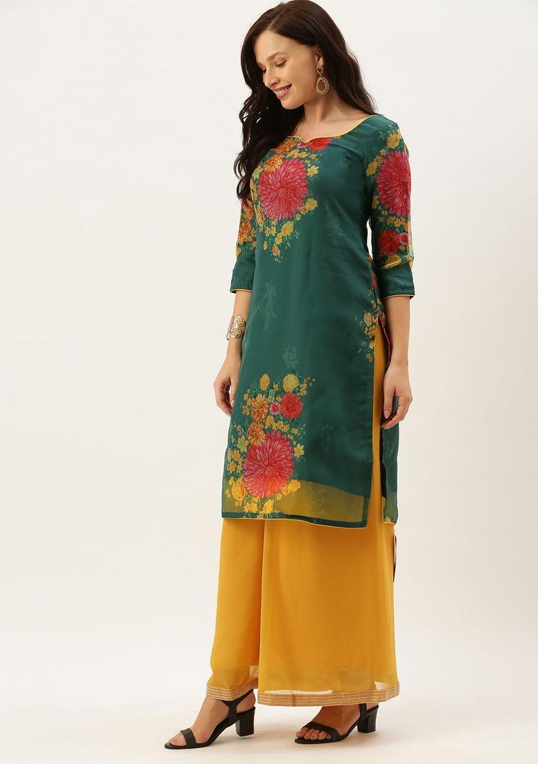 Green Printed Organza Kurta Sets - Indya