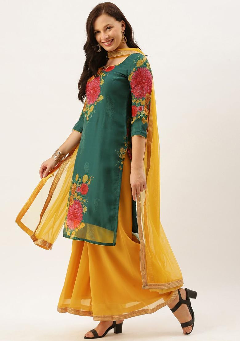 Green Printed Organza Kurta Sets - Indya