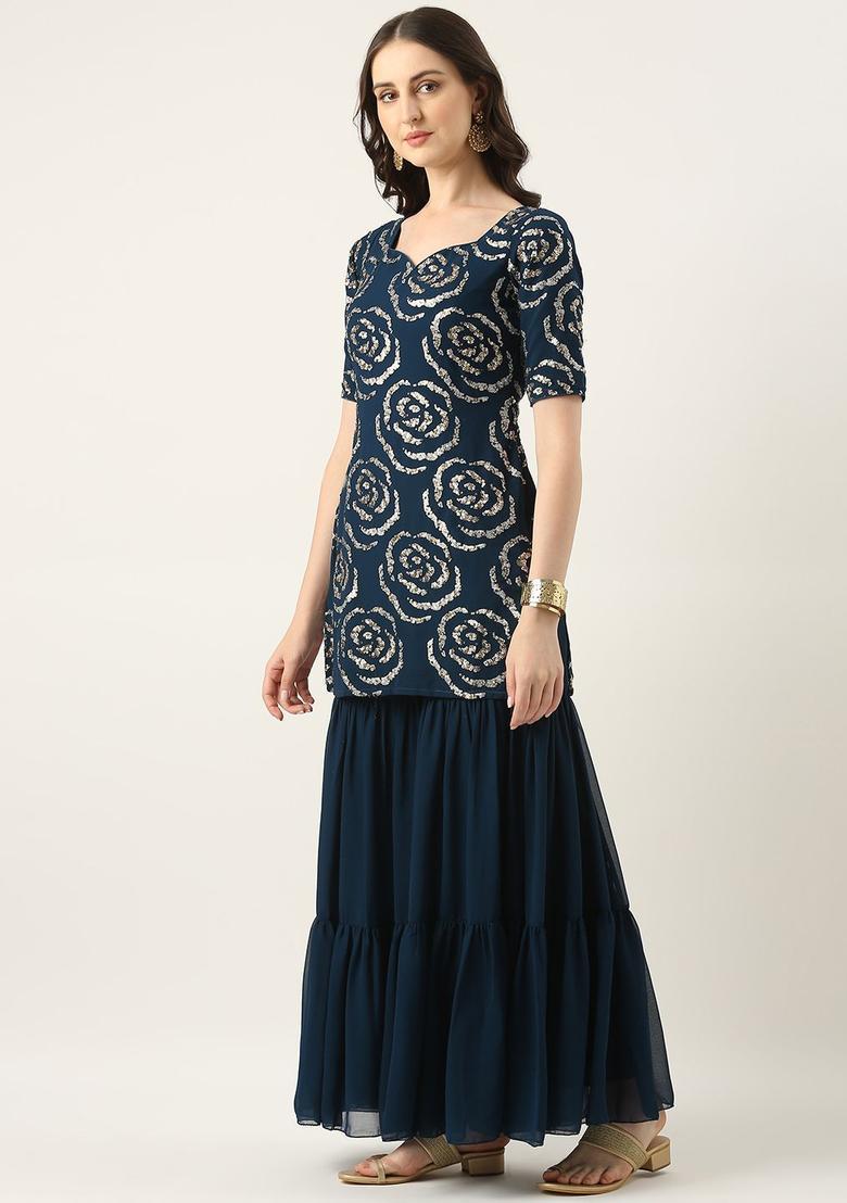 Navy Blue Embroidered Georgette Kurta Sets - Indya