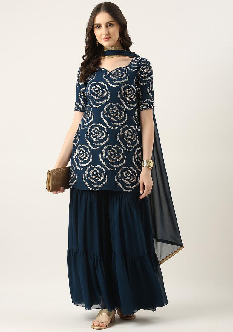 Navy Blue Embroidered Georgette Kurta Sets - Indya