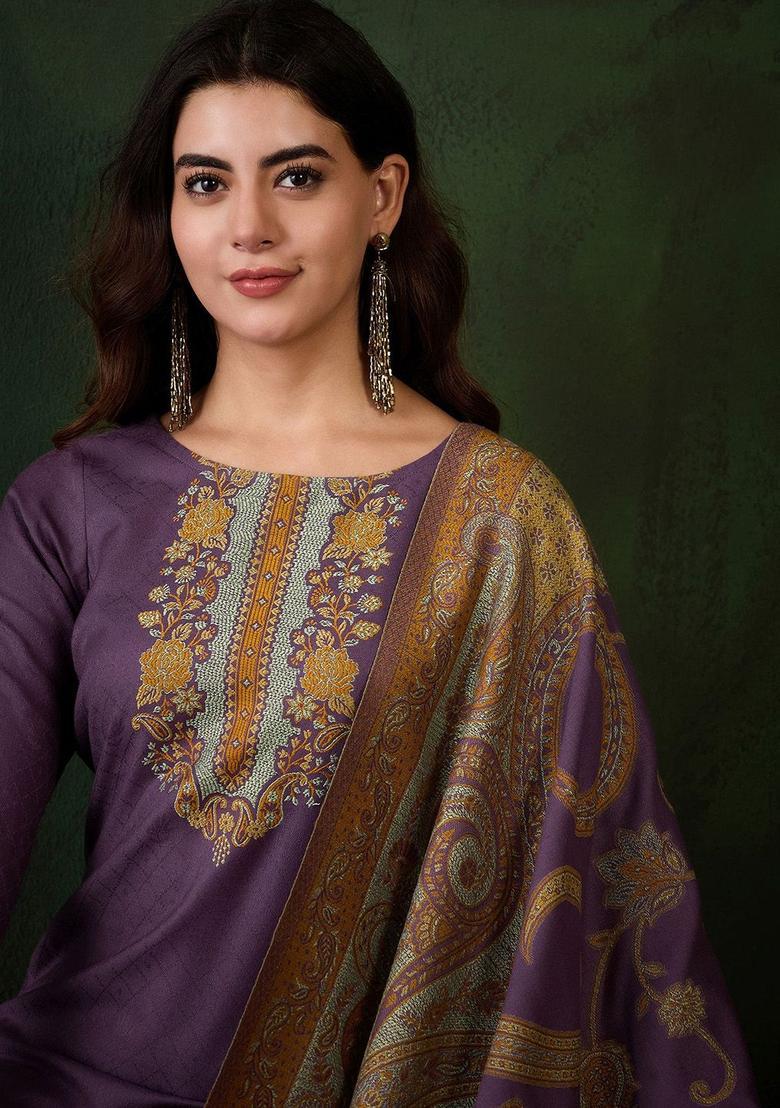 Lavender Woven Design Wool Blend Kurta Sets - Indya