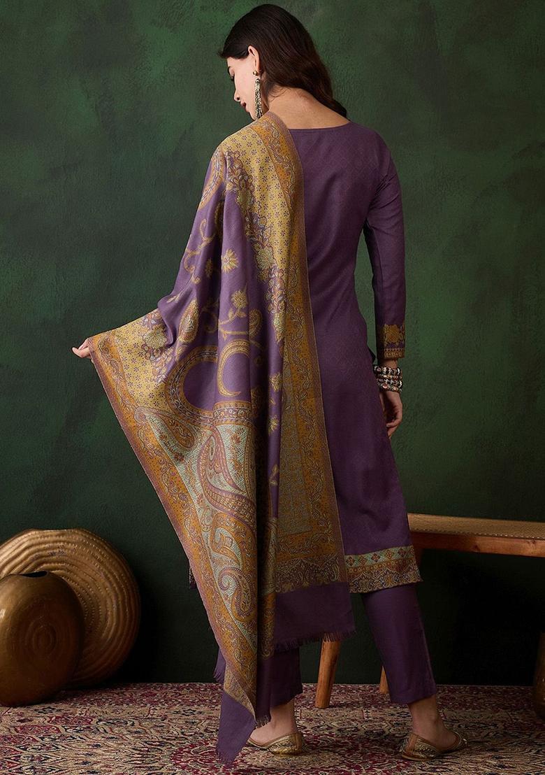 Lavender Woven Design Wool Blend Kurta Sets - Indya