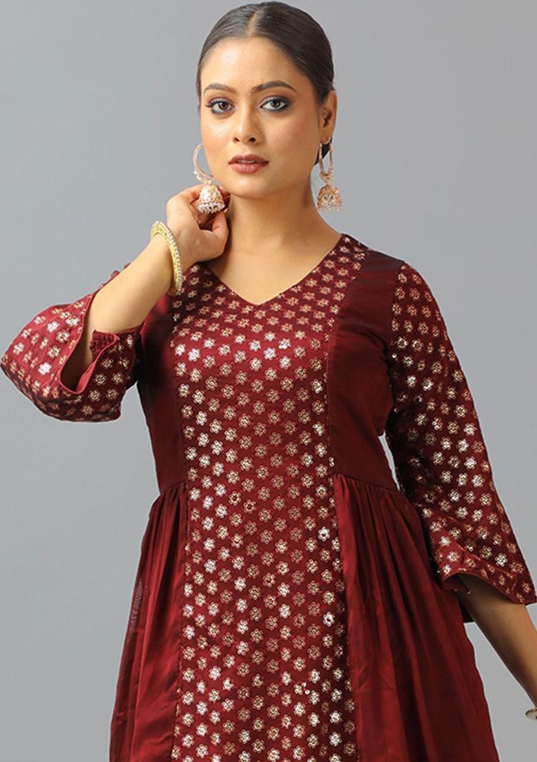 Brown Woven Design Silk Blend Anarkli Sets - Indya