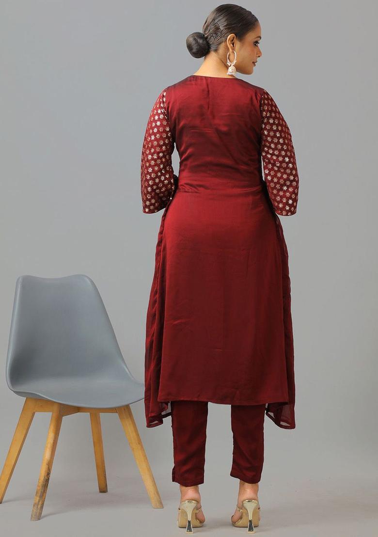 Brown Woven Design Silk Blend Anarkli Sets - Indya