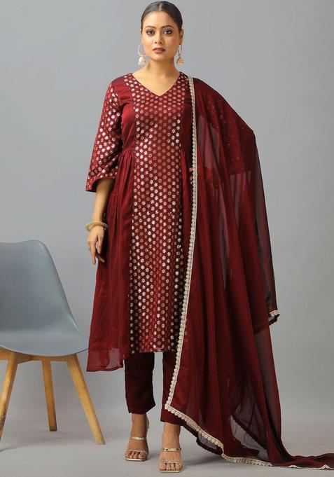 Brown Woven Design Silk Blend Anarkli Sets
