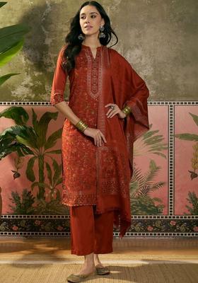 Rust Self Design Wool Blend Kurta Sets