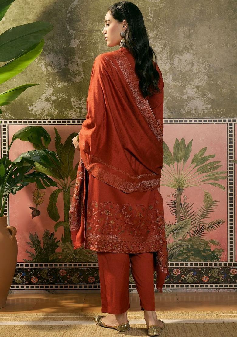 Rust Self Design Wool Blend Kurta Sets - Indya