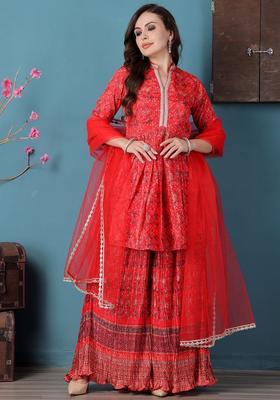 Red Printed Polyester Anarkli Sets