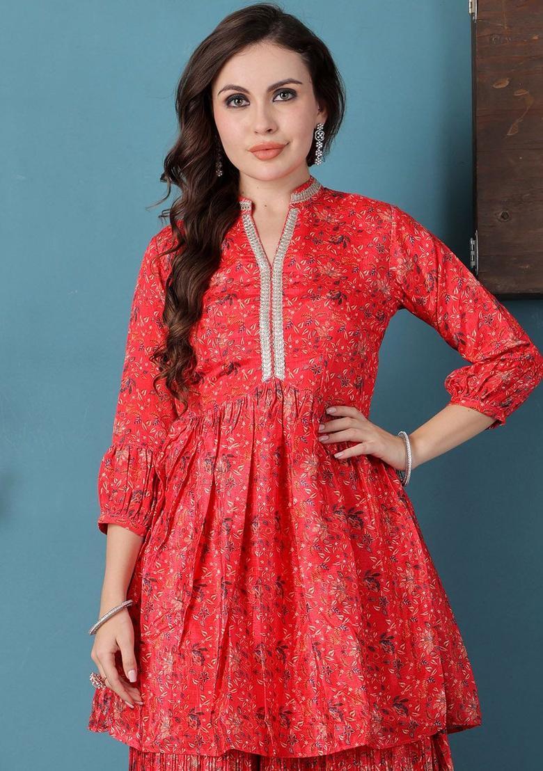 Red Printed Polyester Anarkli Sets - Indya