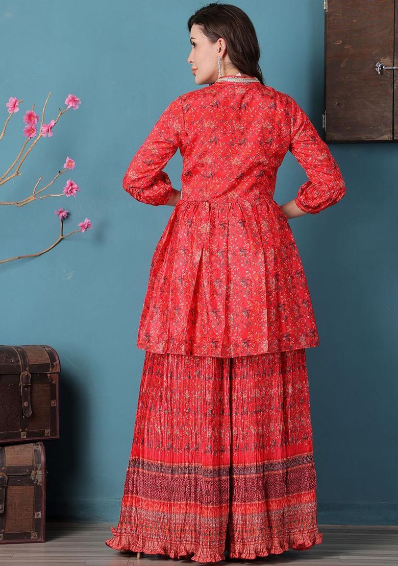 Red Printed Polyester Anarkli Sets - Indya