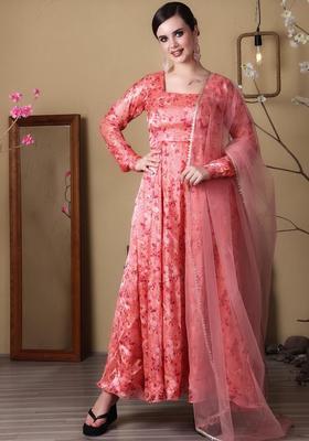 Peach Printed Silk Blend Anarkli Sets